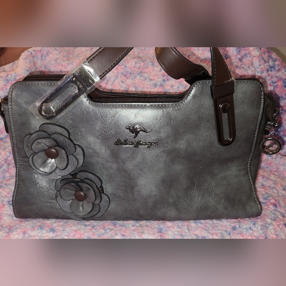 Chic Grey & Brown Kangaroo Brand Floral Handbag with Adjustable Strap